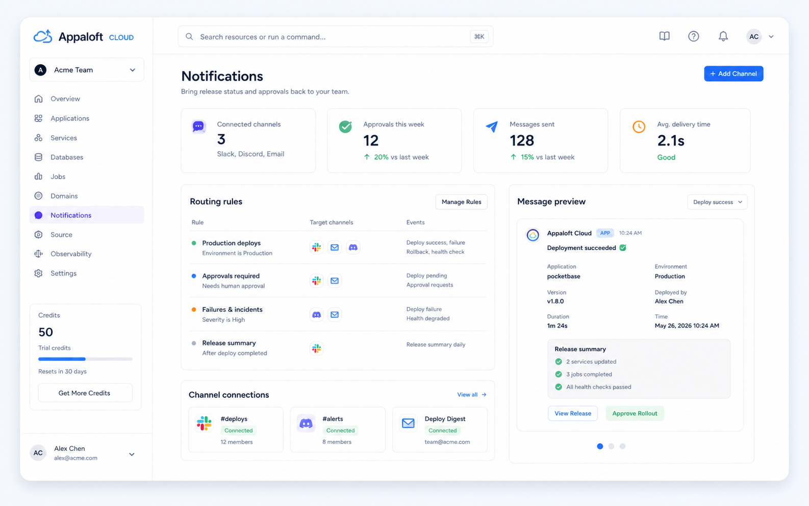 Notification connect console preview showing deploy notices, approval routing, and team channel messages.